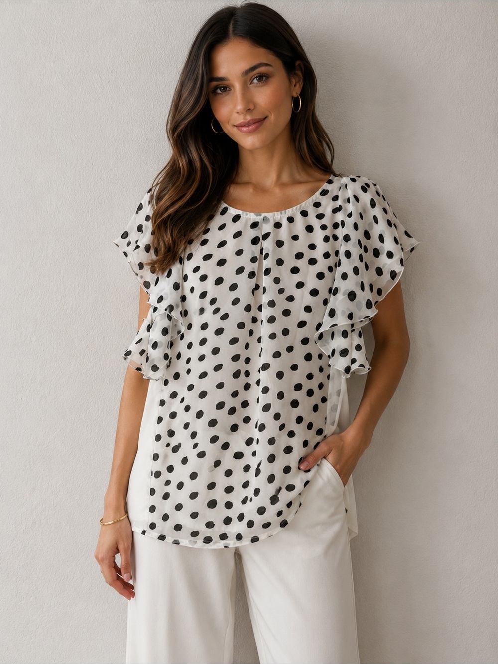 iris White Blouse with Black Polka Dots and Ruffle Sleeves